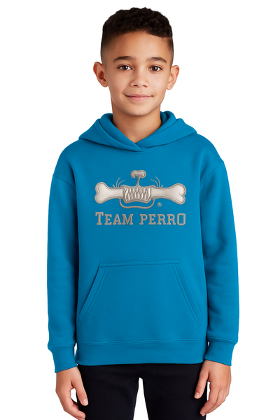 Kids Team Perro Blue Turquoise Teeth and Bone Logo Embroidery Hoodie