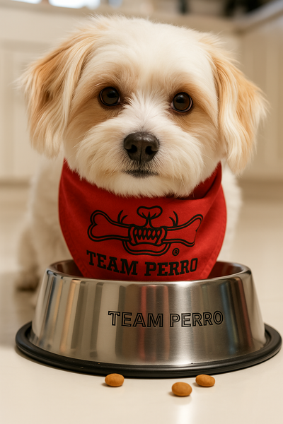 Dog Gift Set with Stainless Steel Small Pet Bowl and Red Team Perro Logo Dog Bandana