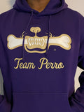 Custom Purple and Old Gold Team Perro Teeth and Bone Logo Embroidery Hoodie