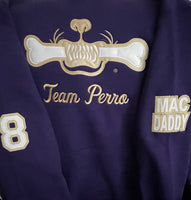 Custom Purple and Old Gold Team Perro Teeth and Bone Logo Embroidery Hoodie