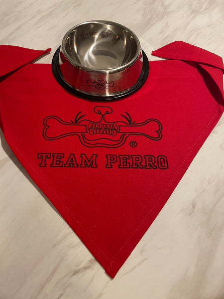 Holiday Dog Gift Set with Stainless Steel Small Pet Bowl and Red Team Perro Logo Dog Bandana